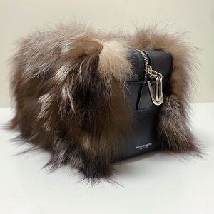 Michael Kors Collection Black Leather White Brown Fox Fur Pouch Clutch Bag Italy